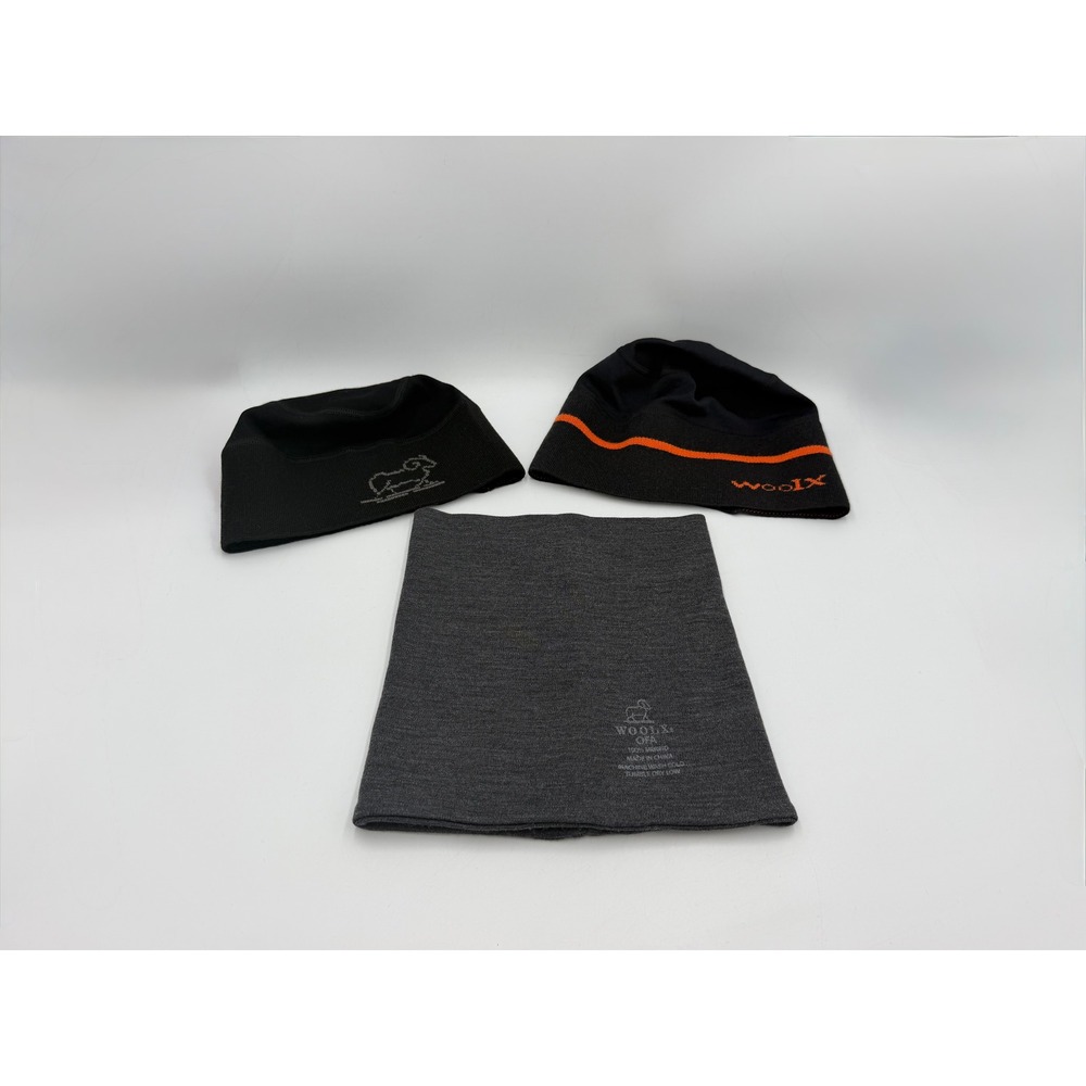 Woolx 100% Merino Wool Beanie Neck Gaiter Lot Unisex OS Black Gray 3pc